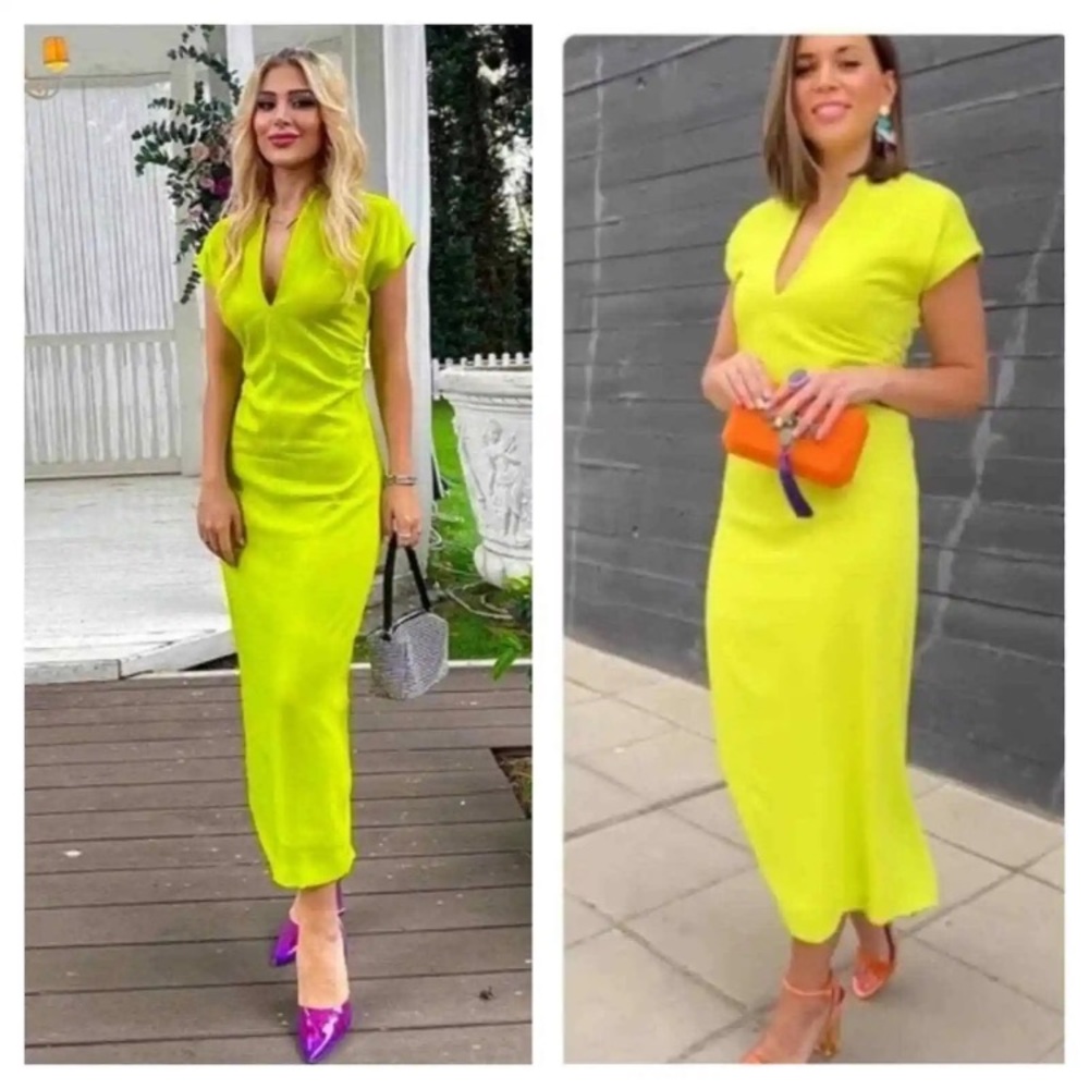NWT Zara Gathered Waist Back Slit V-Neck Midi Lined Lime Green Dress, XS